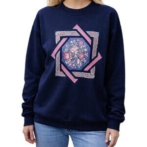 Vintage Jerzees Floral Sweatshirt Crew Neck Pullover Cotton Navy Blue Large